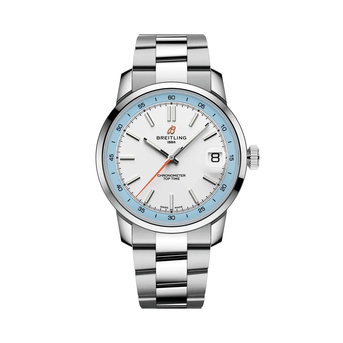 Breitling watch with a white dial, light blue outer ring, orange seconds hand, date display, silver tone case and metal link bracelet.