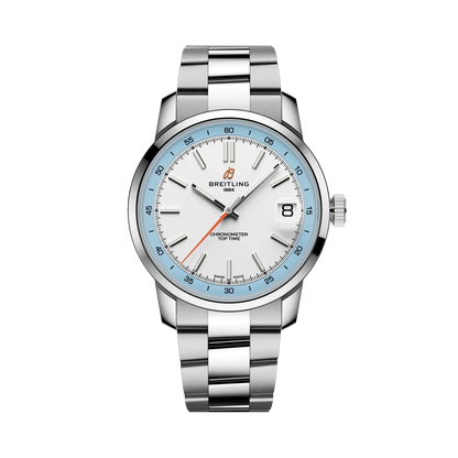 Breitling watch with a white dial, light blue outer ring, orange seconds hand, date display, silver tone case and metal link bracelet.