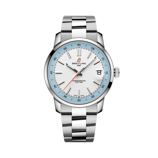 Breitling watch with a white dial, light blue outer ring, orange seconds hand, date display, silver tone case and metal link bracelet.