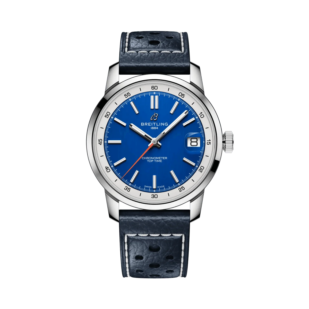 Breitling watch with a blue dial, silver tone case and numbered bezel, date display and perforated navy leather strap with white stitching.