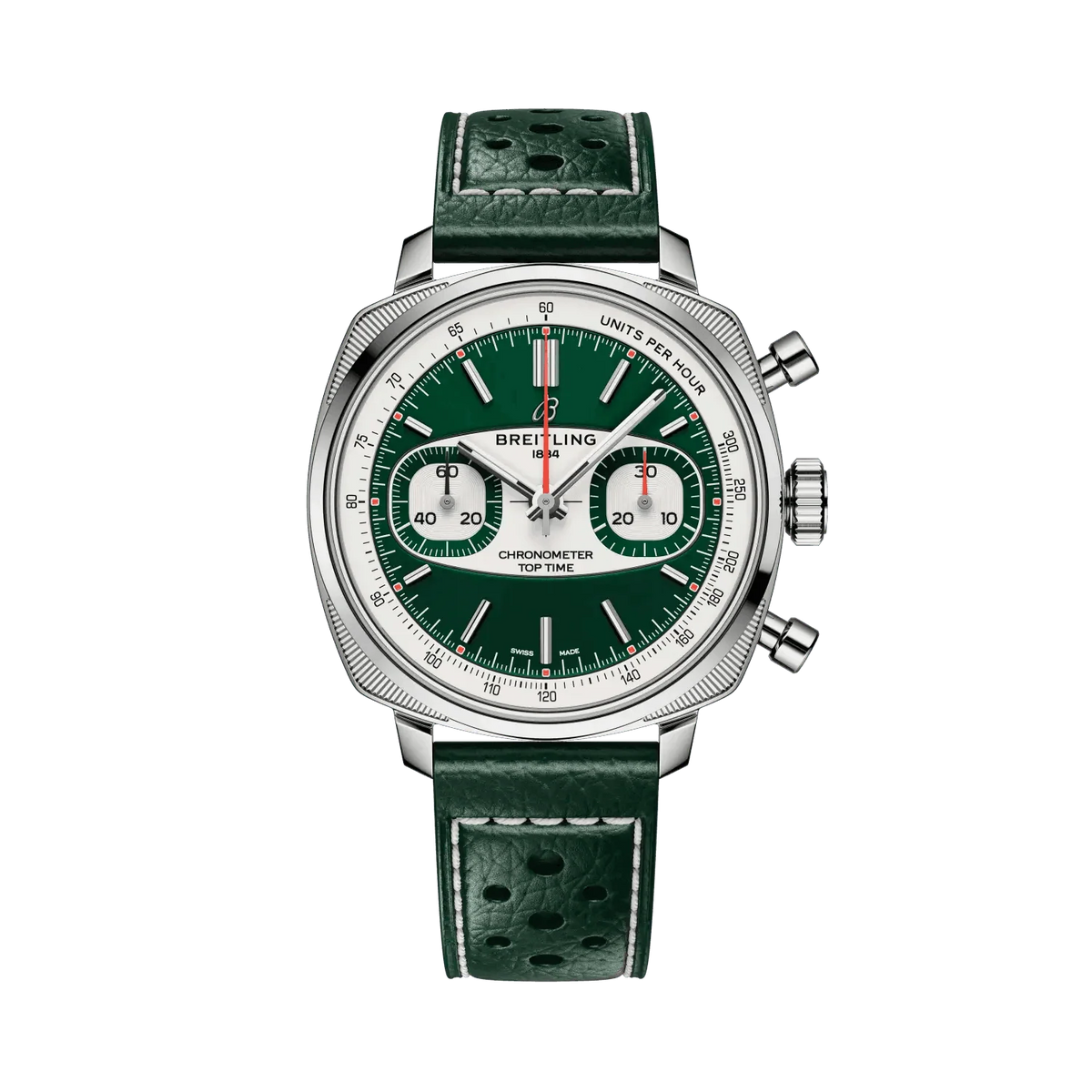 Breitling chronograph watch with a green dial, two silver subdials, silver tone cushion-shaped case and perforated green leather strap with white stitching.