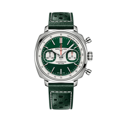 Breitling chronograph watch with a green dial, two silver subdials, silver tone cushion-shaped case and perforated green leather strap with white stitching.