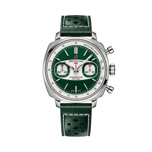 Breitling chronograph watch with a green dial, two silver subdials, silver tone cushion-shaped case and perforated green leather strap with white stitching.