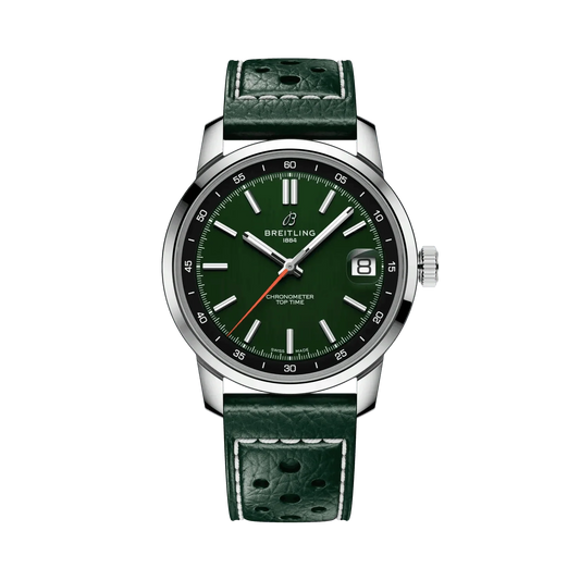 Breitling watch with a green dial, silver tone case, date display and perforated green leather strap with white stitching.