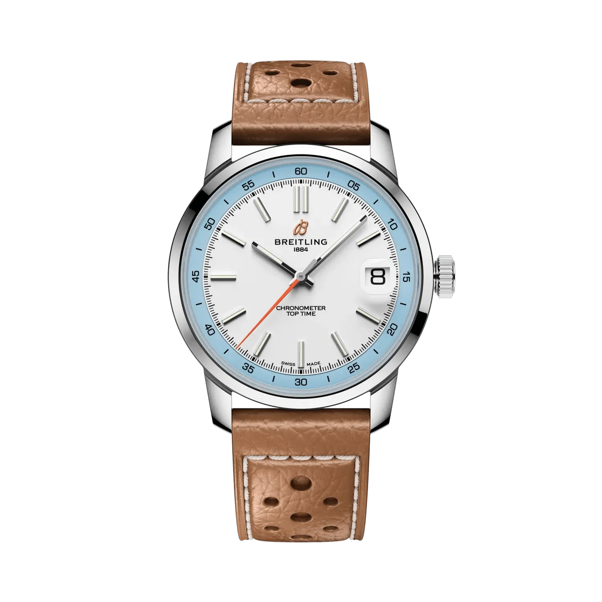 Breitling watch with a white dial, light blue numbered bezel, silver tone case, date display and perforated tan leather strap with white stitching.