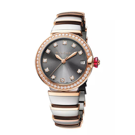 Bvlgari watch with a grey dial, stone-set hour markers and bezel, date window, and rose gold-tone and white bracelet.