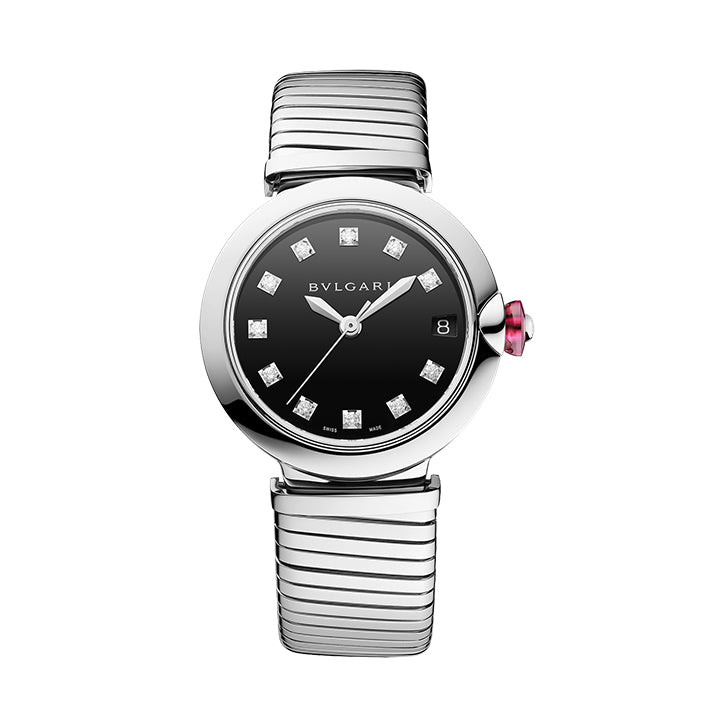 Bvlgari watch with a silver-tone round case and flexible bracelet, black dial with stone-set hour markers, and a date window.