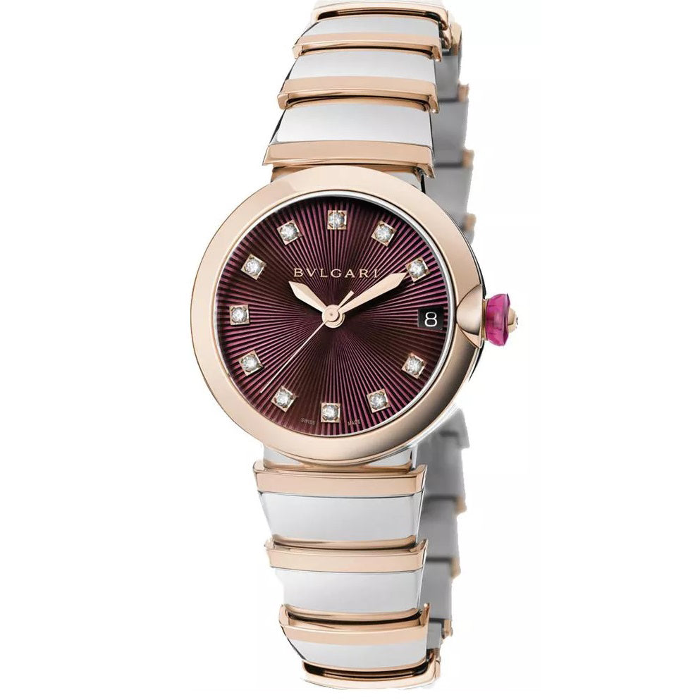 Bvlgari watch with a burgundy dial, stone-set hour markers, date display, rose gold-tone case, and white bracelet with rose gold-tone accents.