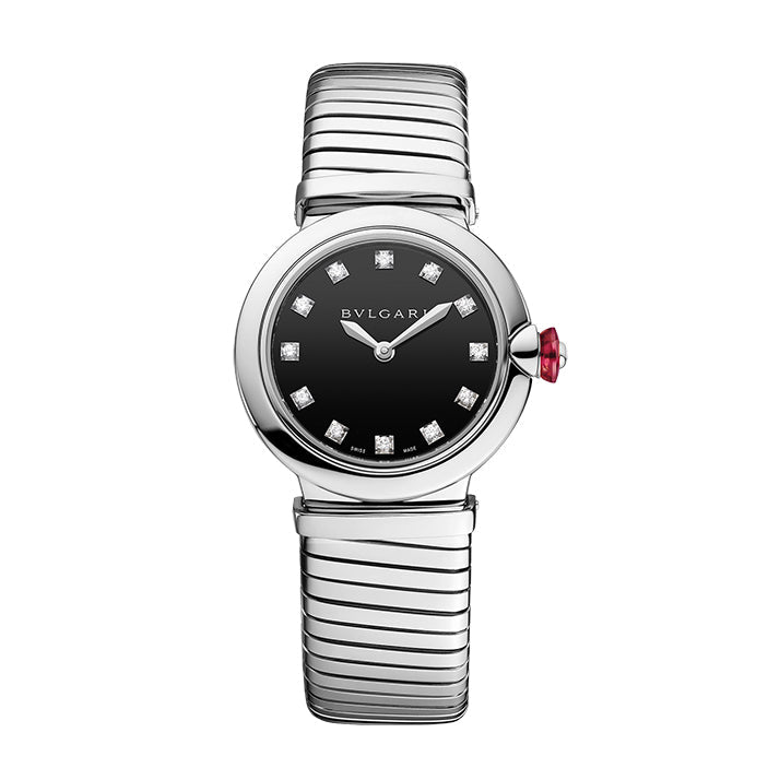 Bvlgari watch with a silver-tone round case and flexible bracelet, black dial with stone-set hour markers, and a pink crown.