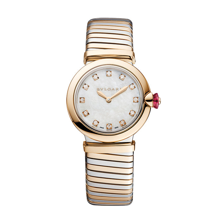 Bvlgari watch with a rose gold-tone round case, white mother-of-pearl dial with stone-set hour markers, pink crown, and two-tone bracelet.