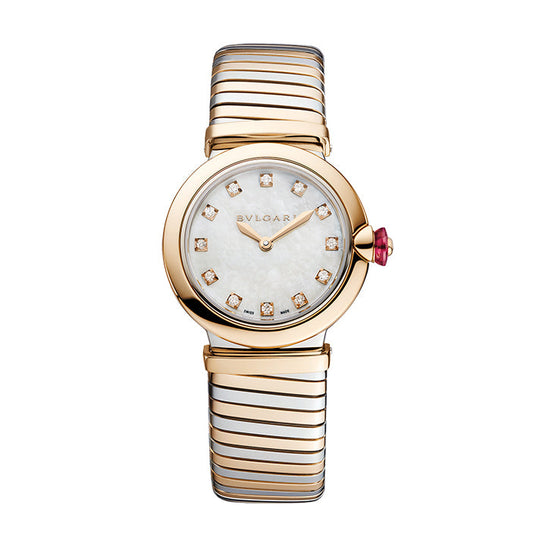 Bvlgari watch with a rose gold-tone round case, white mother-of-pearl dial with stone-set hour markers, pink crown, and two-tone bracelet.