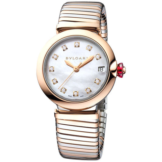 Bvlgari watch with a rose gold-tone case, white mother-of-pearl dial with stone-set hour markers, date window, and two-tone bracelet.