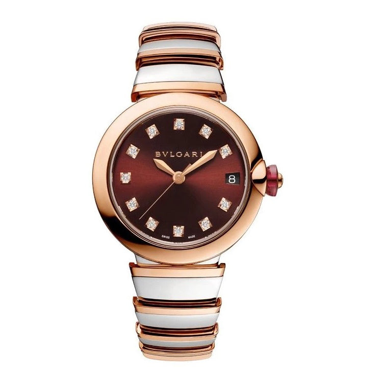 Bvlgari watch with a brown dial, stone-set hour markers, date display, rose gold-tone case, and white bracelet with rose gold-tone accents.