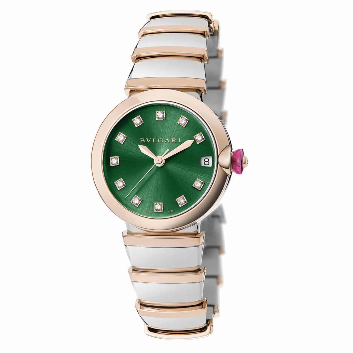 Bvlgari watch with a green dial, stone-set hour markers, date display, rose gold-tone case, and white bracelet with rose gold-tone accents.