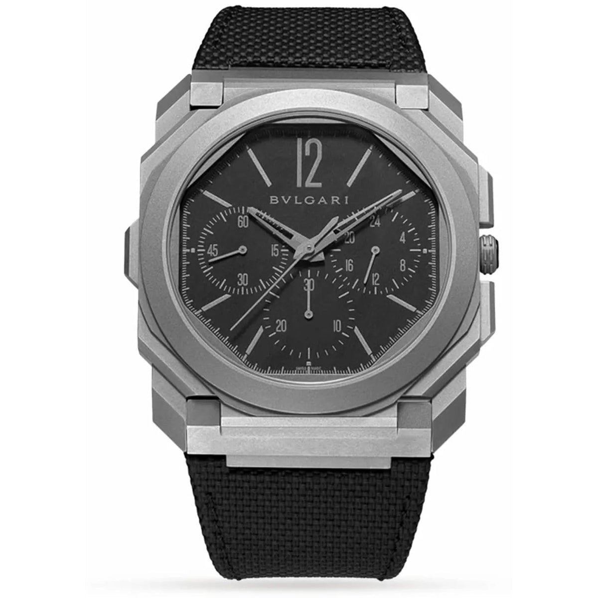 Bvlgari chronograph watch with a silver-tone case, dark grey dial with three subdials, and a black fabric strap.