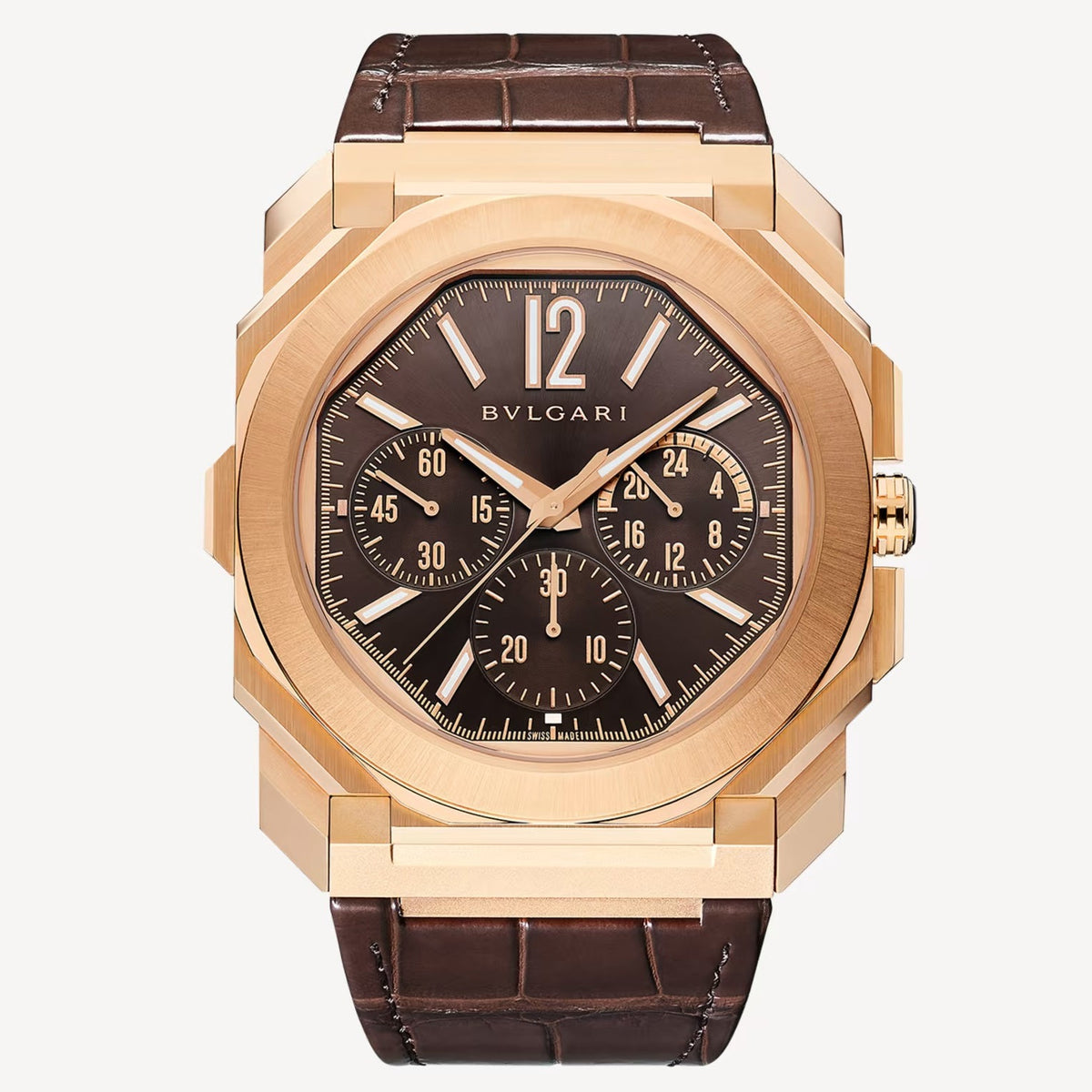 Bvlgari chronograph watch with a rose gold-tone case, brown dial with three subdials, and a brown leather strap.