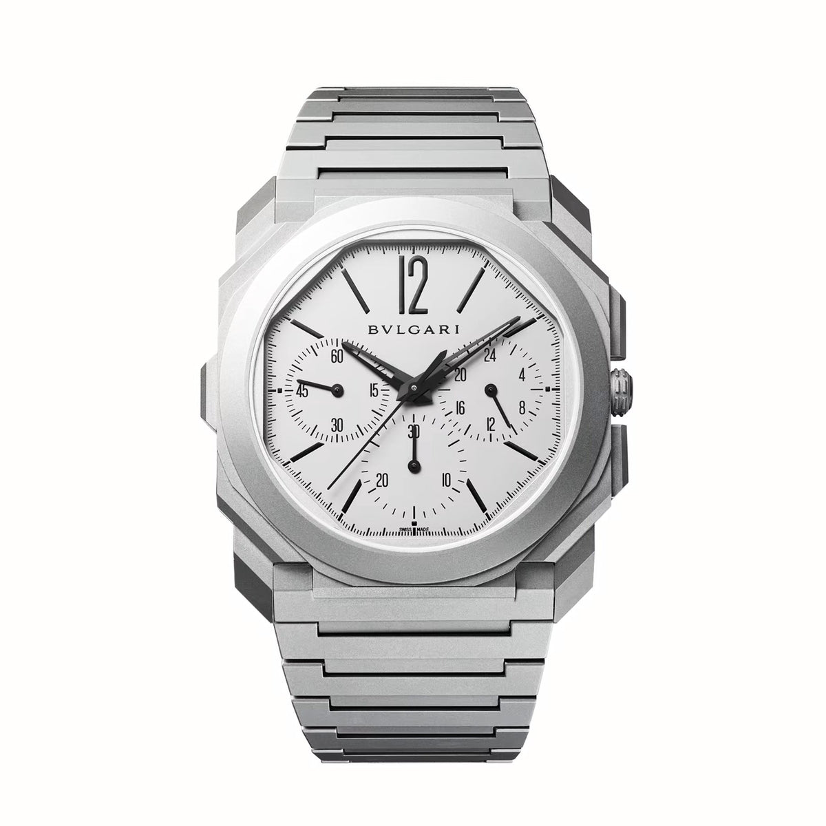 Bvlgari chronograph watch with a silver-tone case and bracelet, white dial, three subdials, and a prominent 12 o’clock numeral.