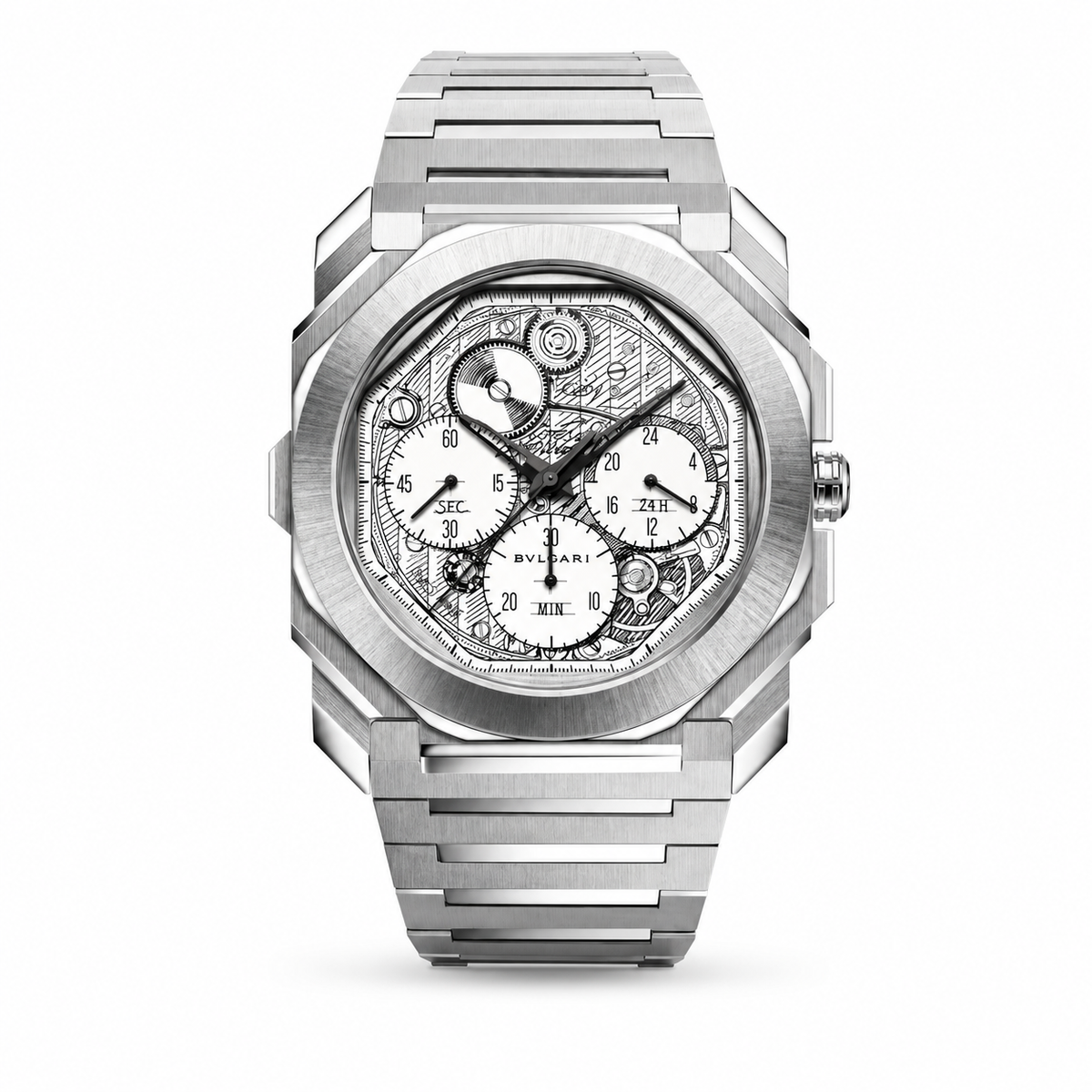 A silver stainless-steel wristwatch with an octagonal bezel and integrated metal link bracelet, featuring a skeleton dial with white subdials and black markings.