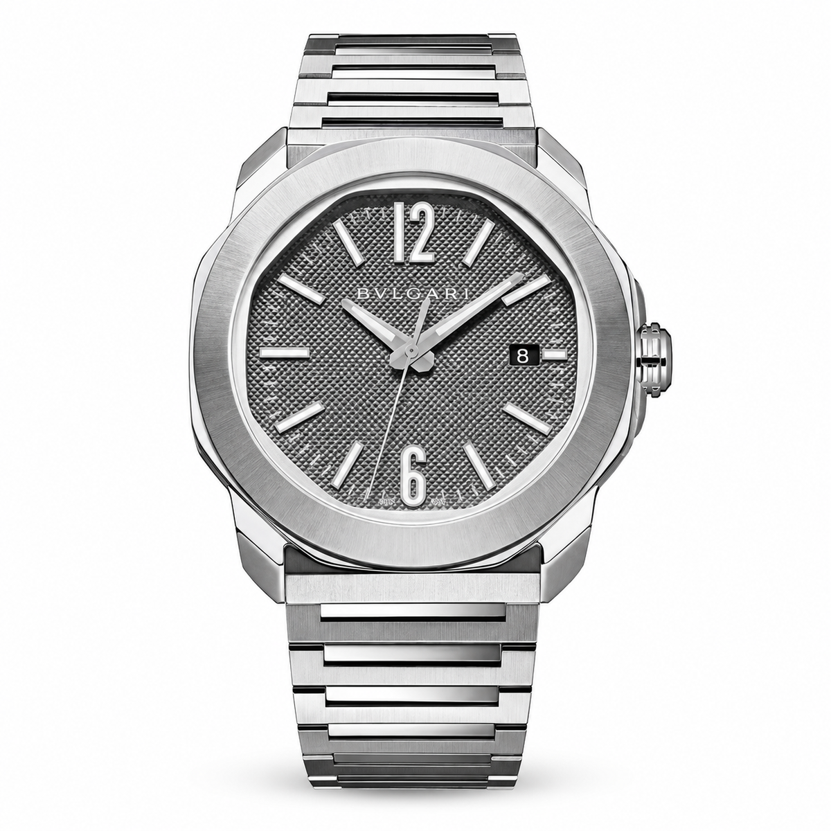 A silver-tone stainless steel wristwatch with a textured gray dial, silver-tone bezel, and matching metal link bracelet.