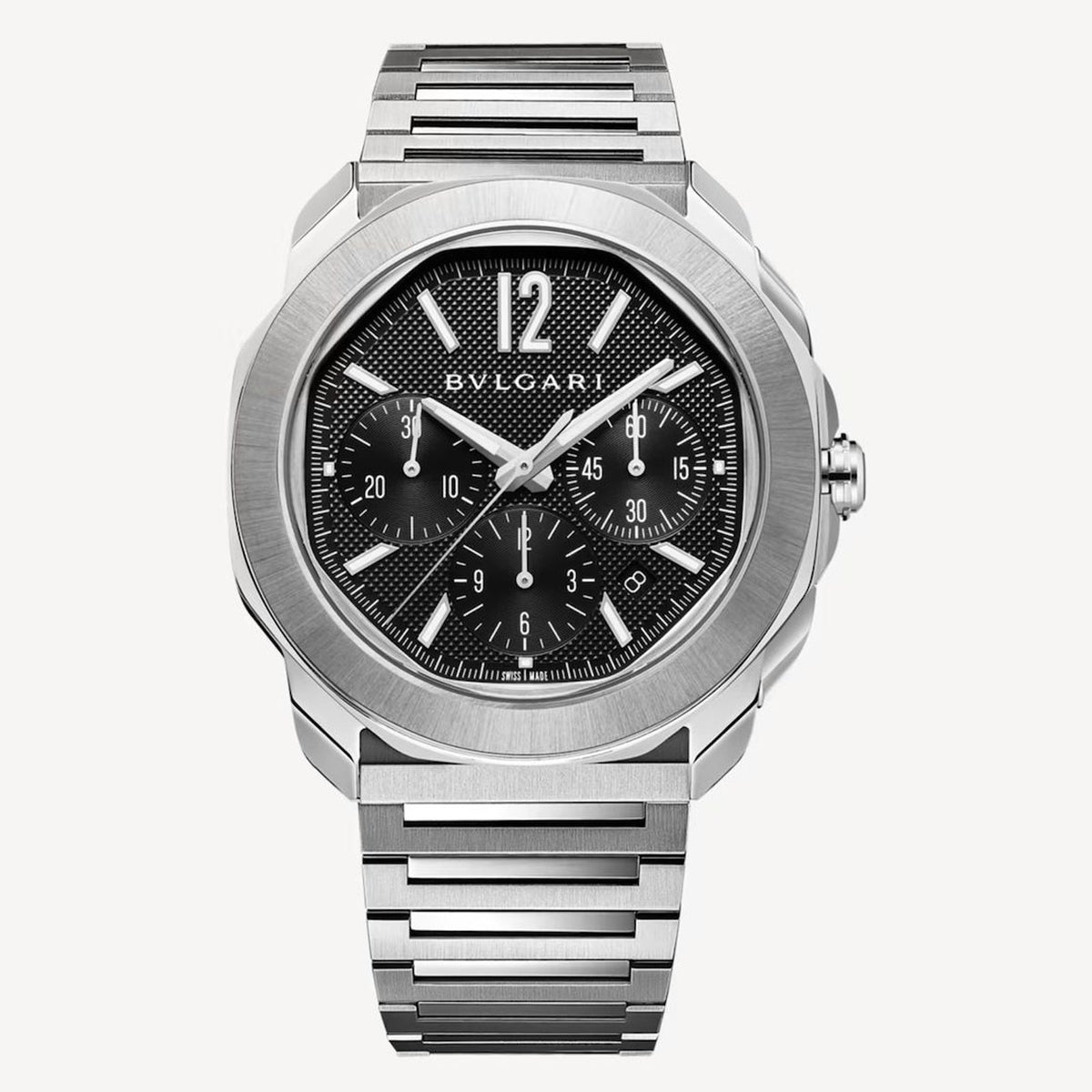 Bvlgari chronograph watch with a silver-tone case and bracelet, black dial, three subdials, and a prominent 12 o’clock numeral.
