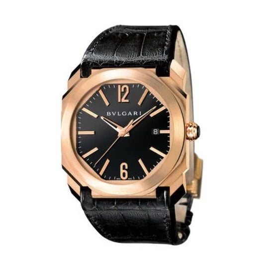 Bvlgari Octo watch with a black dial, rose gold-tone case, date display, and black leather strap.