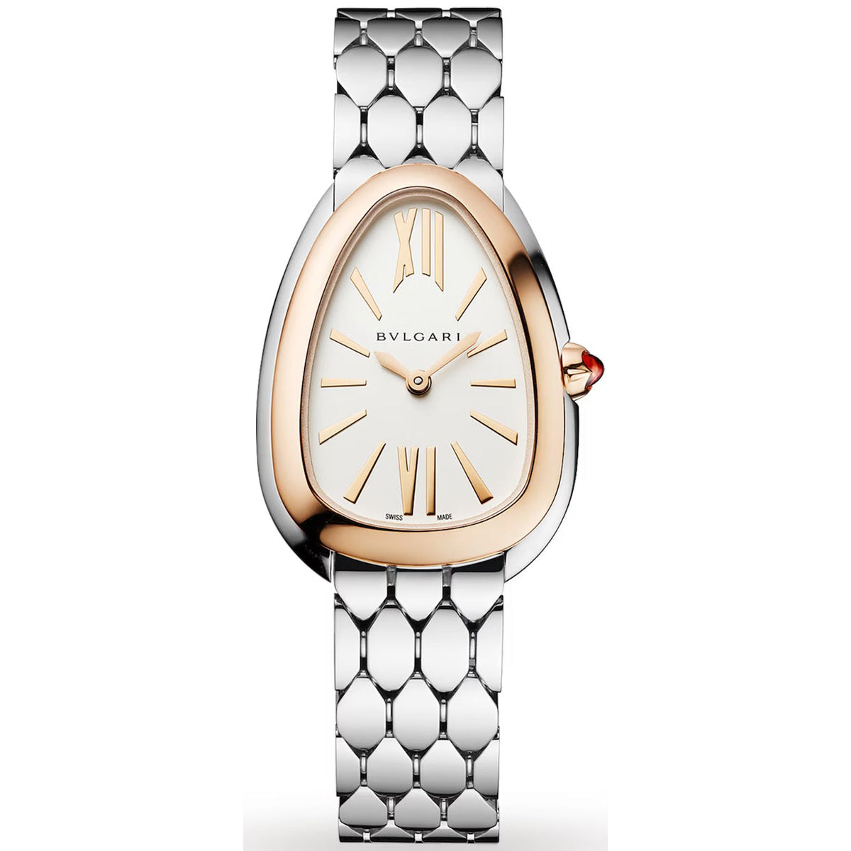 Bvlgari watch with a white dial, rose gold-tone teardrop-shaped bezel, and silver-tone link bracelet.