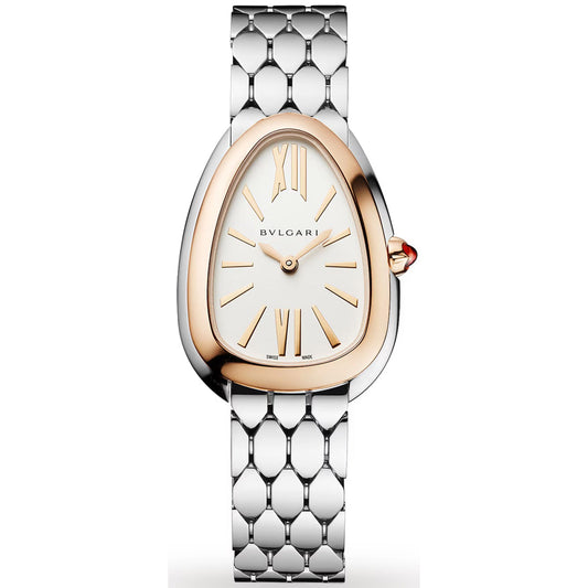 Bvlgari watch with a white dial, rose gold-tone teardrop-shaped bezel, and silver-tone link bracelet.