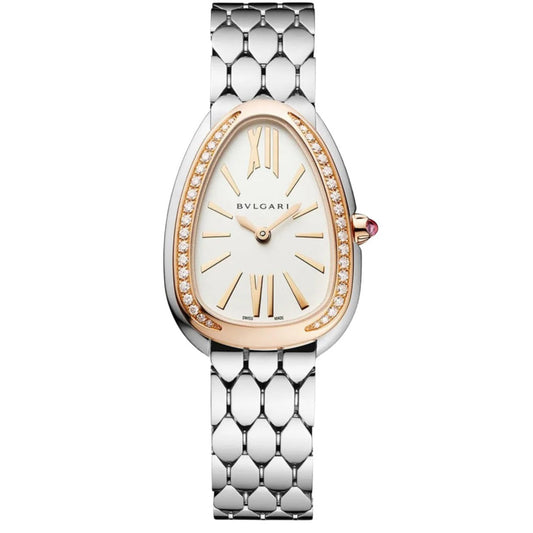 Bvlgari watch with a white dial, rose gold-tone teardrop-shaped bezel set with clear stones, and a silver-tone link bracelet.