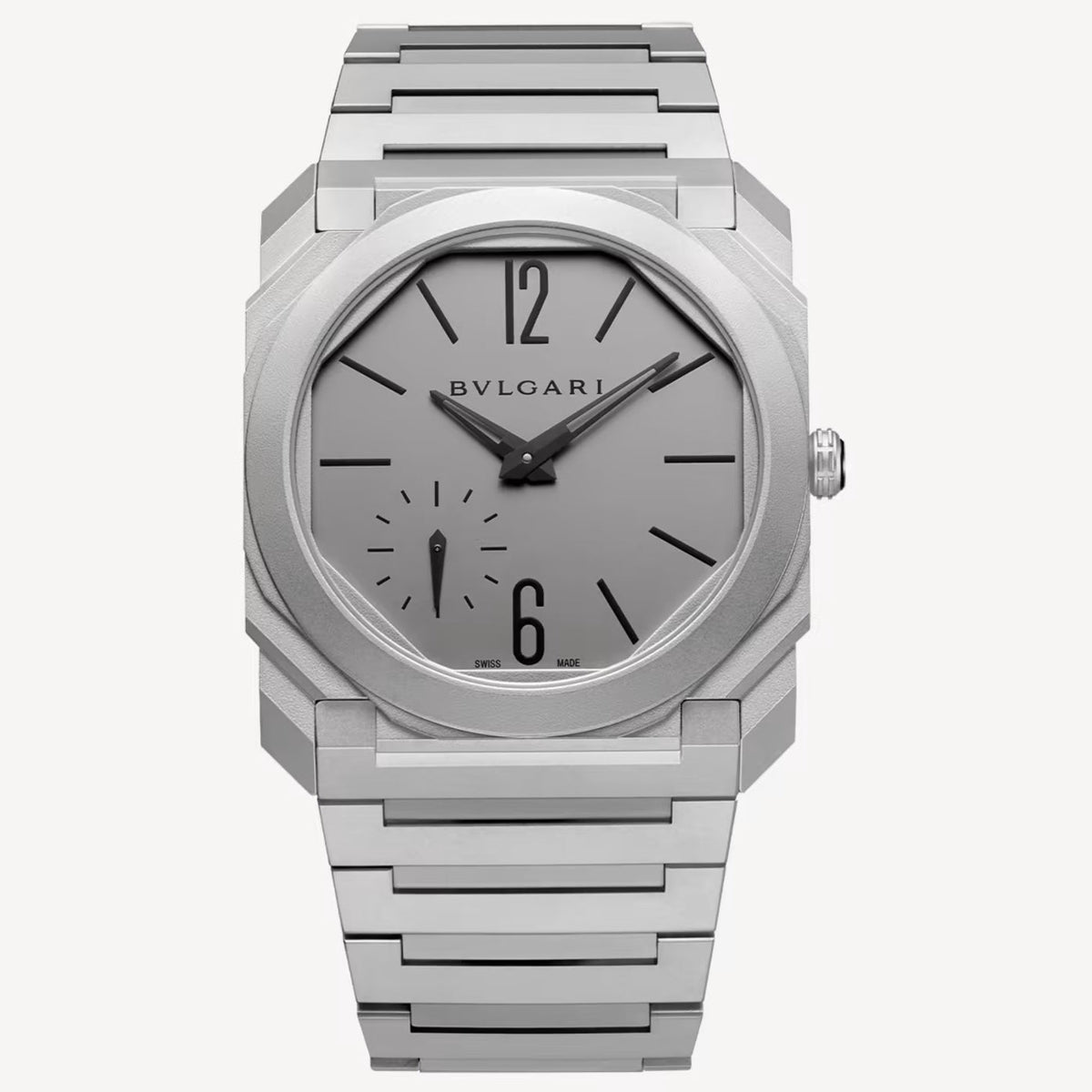 Bvlgari Octo Finissimo watch with a grey dial, small seconds subdial, angular silver-tone case, and matching metal bracelet.