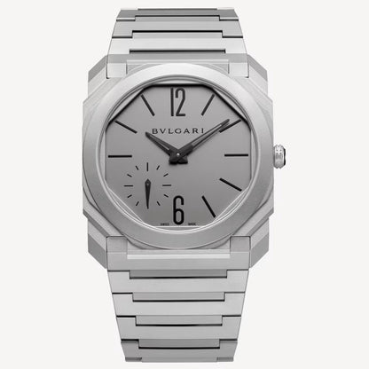 Bvlgari Octo Finissimo watch with a grey dial, small seconds subdial, angular silver-tone case, and matching metal bracelet.