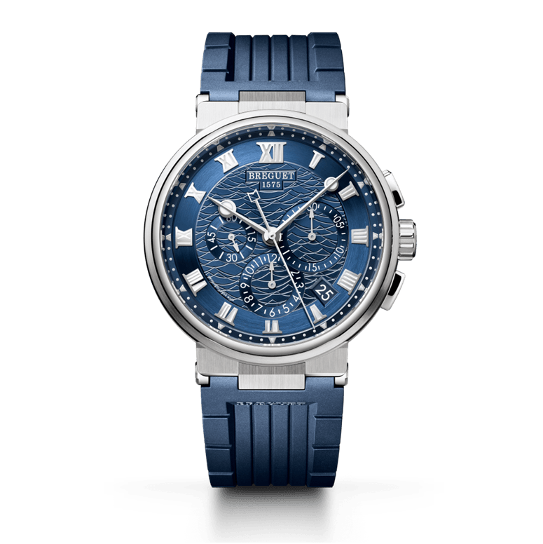 Breguet Marine chronograph watch with a patterned blue dial, Roman numerals, silver-tone case, and blue rubber strap.