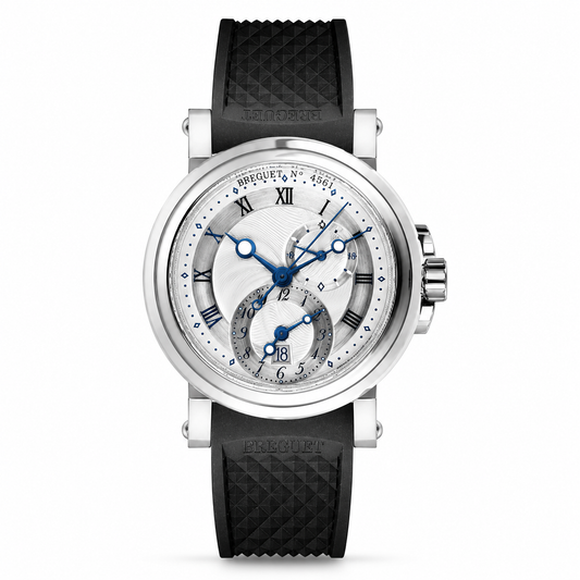 Breguet watch with a silver textured dial, blue hands, multiple subdials, silver-tone case, and black rubber strap.