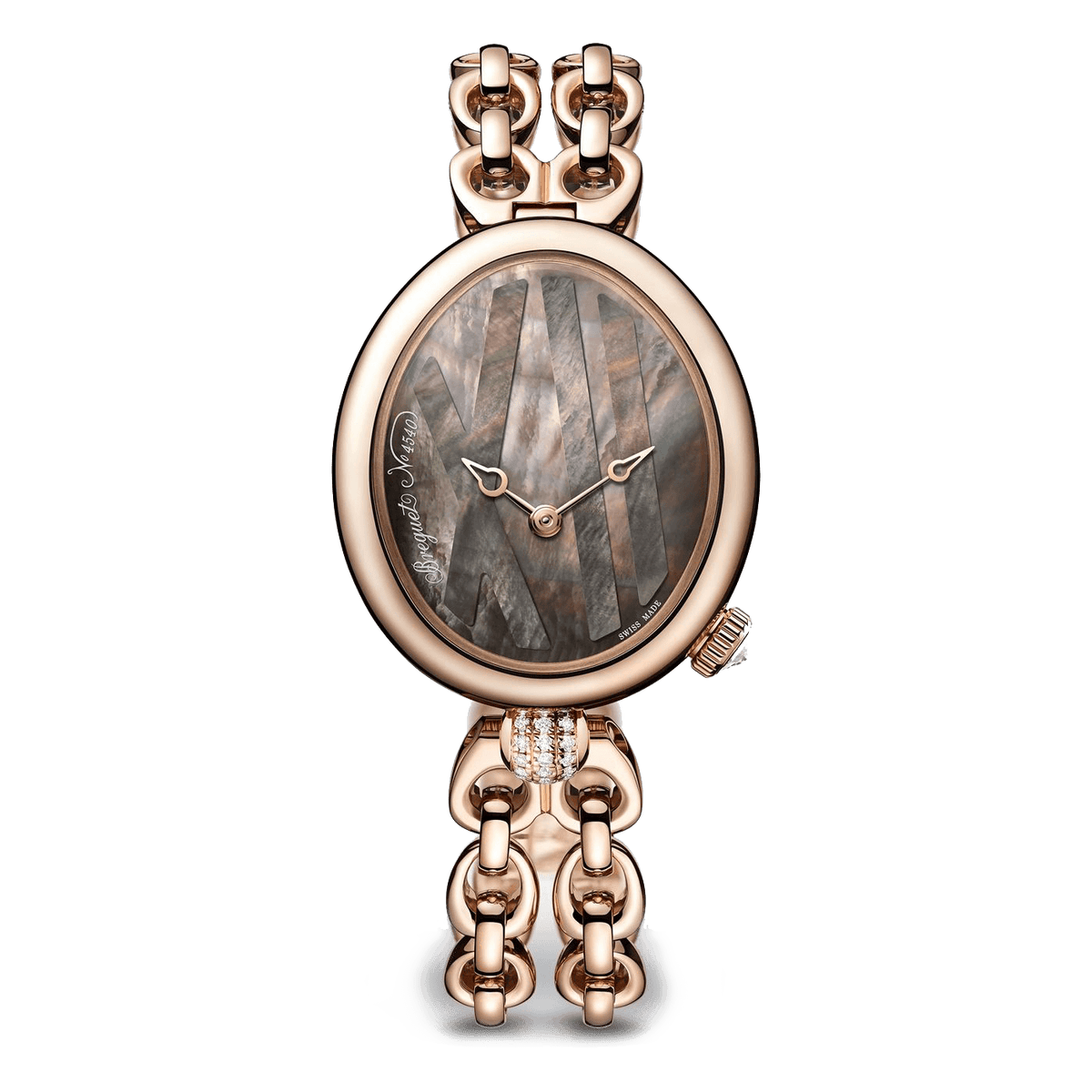 Oval watch with a dark patterned dial, rose gold-tone case, and double-row chain bracelet.