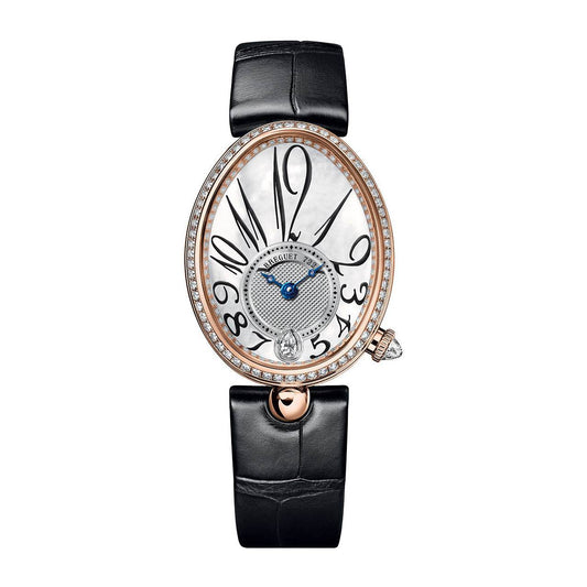 Breguet Reine de Naples watch with an oval white dial, oversized black numerals, stone-set rose gold-tone bezel, and black leather strap.