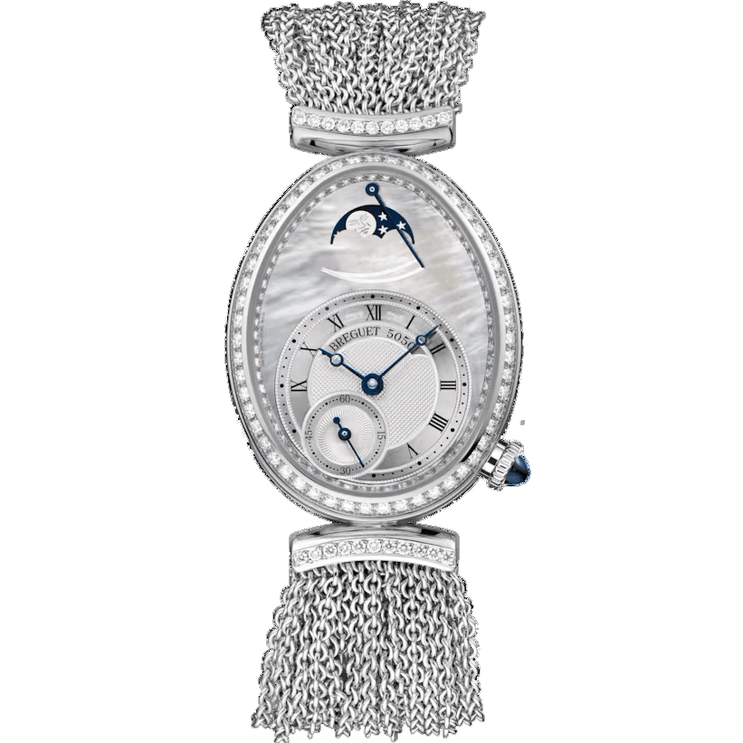 Breguet Reine de Naples watch with an oval mother-of-pearl dial, blue hands, stone-set bezel, and silver-tone mesh bracelet.
