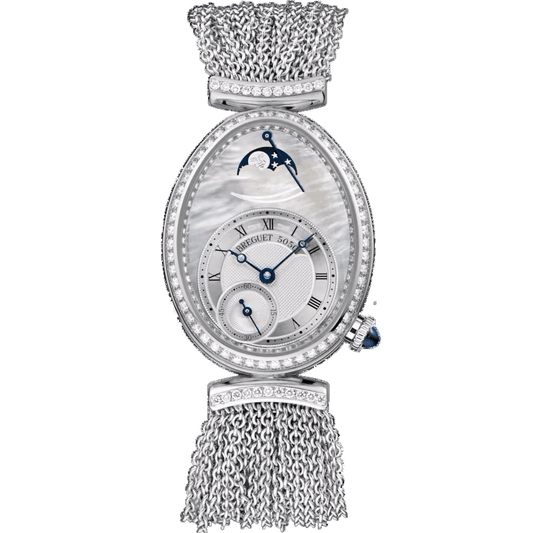 Breguet Reine de Naples watch with an oval mother-of-pearl dial, blue hands, stone-set bezel, and silver-tone mesh bracelet.