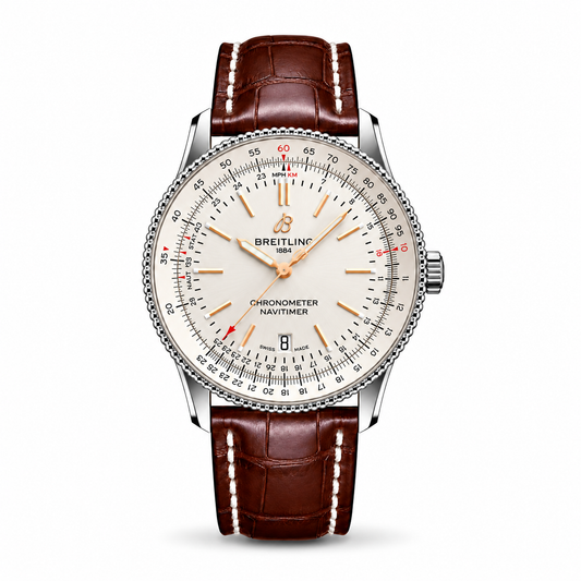 Breitling Navitimer Chronometer watch featuring a silver-white dial, rose gold-tone hands and hour markers, circular slide rule scale, polished stainless steel case, and brown alligator leather strap with white stitching.