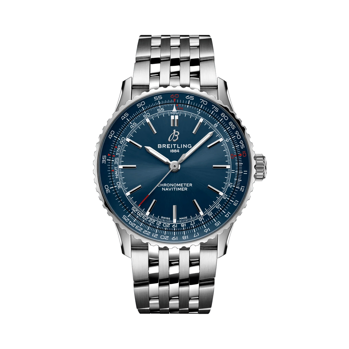 Breitling Navitimer watch with a blue dial, silver hour markers, detailed numbered outer scale, silver tone case and metal link bracelet.