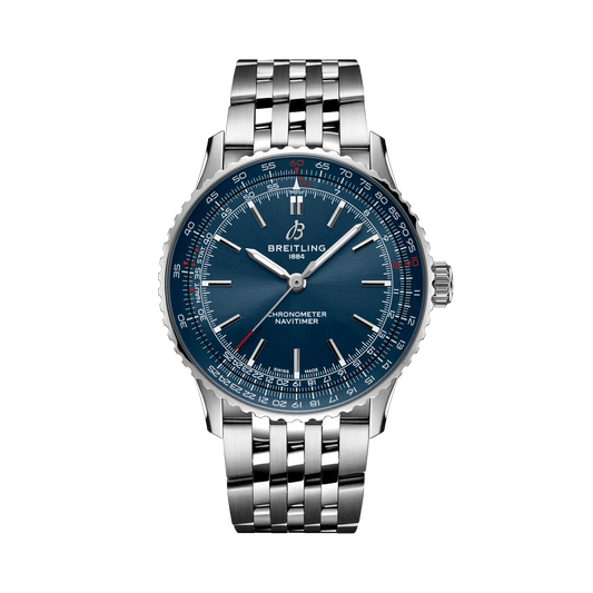 Breitling Navitimer watch with a blue dial, silver hour markers, detailed numbered outer scale, silver tone case and metal link bracelet.
