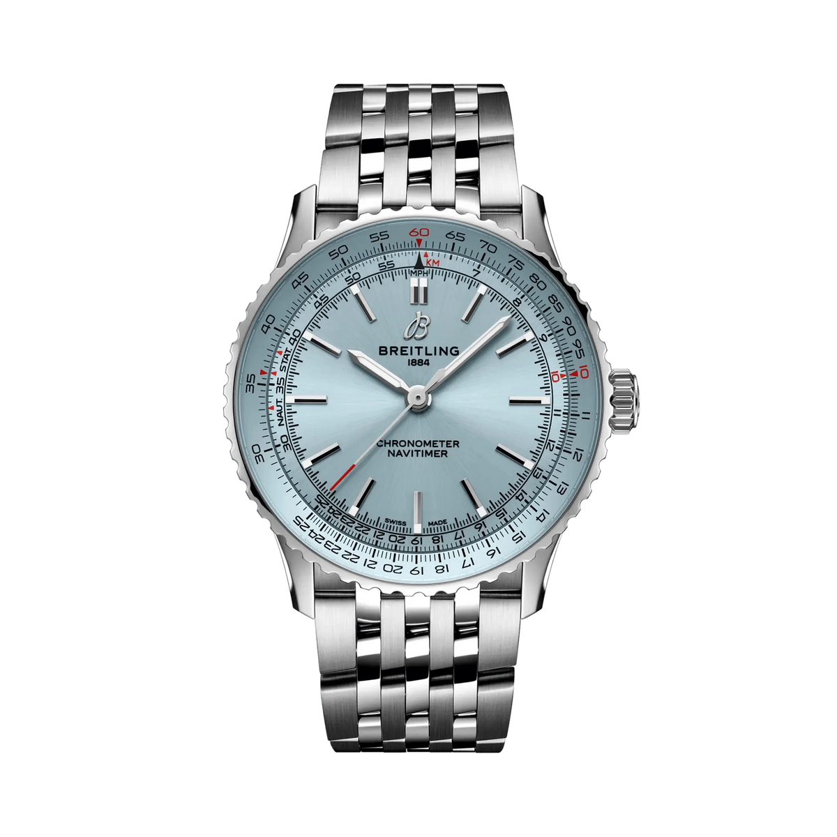 Breitling Navitimer watch with a light blue dial, silver hour markers, detailed numbered outer scale, silver tone case and metal link bracelet.