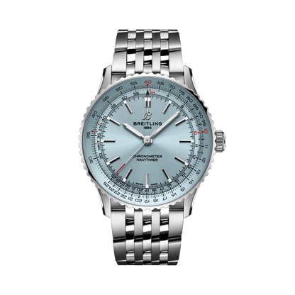 Breitling Navitimer watch with a light blue dial, silver hour markers, detailed numbered outer scale, silver tone case and metal link bracelet.