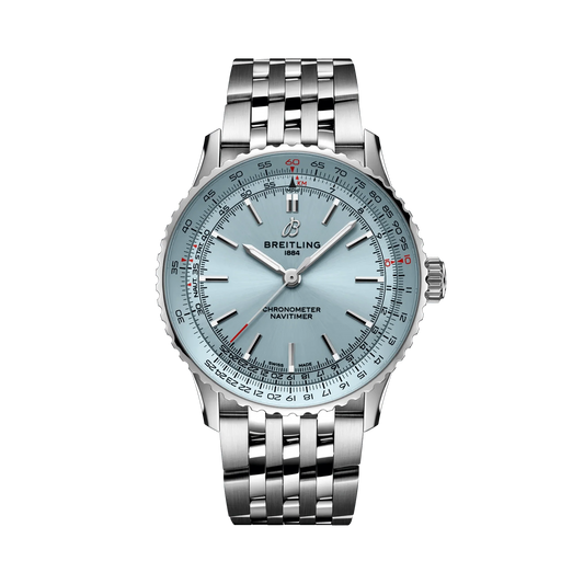 Breitling Navitimer watch with a light blue dial, silver hour markers, detailed numbered outer scale, silver tone case and metal link bracelet.