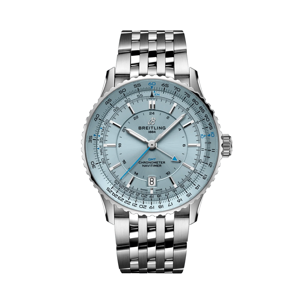 Breitling Navitimer GMT watch with a light blue dial, blue arrow hand, date display, silver tone case and metal link bracelet.