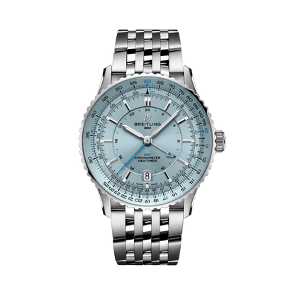 Breitling Navitimer GMT watch with a light blue dial, blue arrow hand, date display, silver tone case and metal link bracelet.