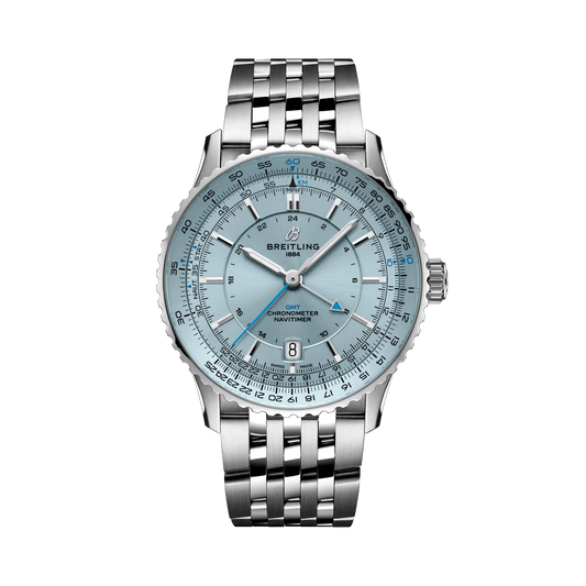 Breitling Navitimer GMT watch with a light blue dial, blue arrow hand, date display, silver tone case and metal link bracelet.