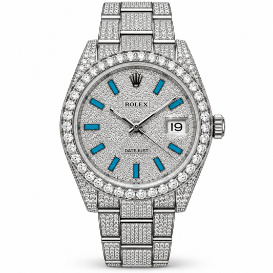 ROLEX Datejust 41, Stainless steel Custom Diamond Pavé Dial & Blue Baguette Markers