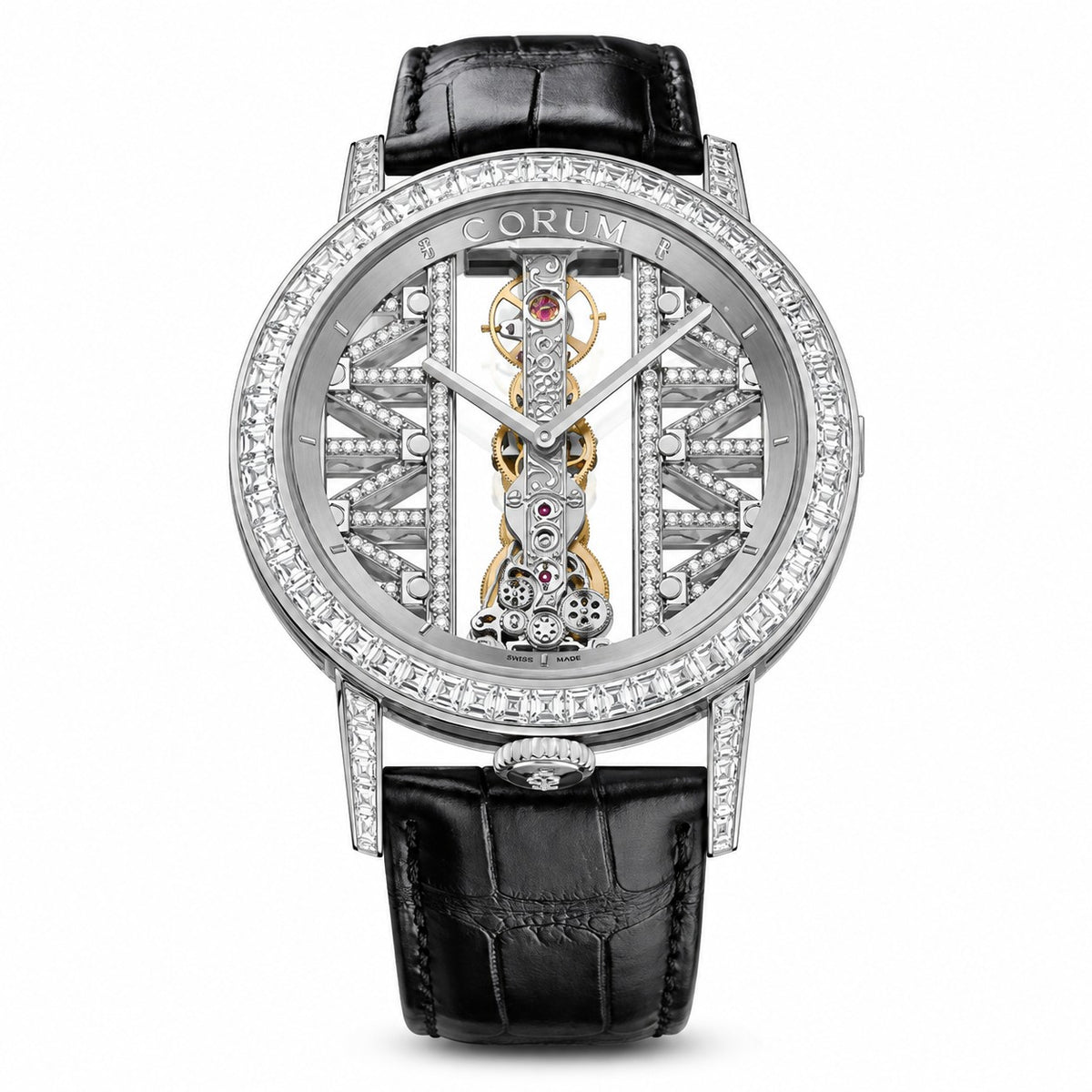Corum skeleton watch with a visible gold tone mechanism, diamond-set bezel and lugs, silver tone case and black leather strap.