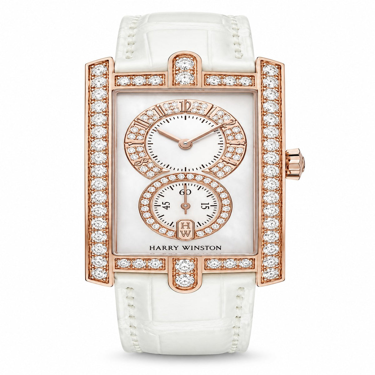 Harry Winston watch with a rectangular rose gold tone case, diamond-set bezel, white dial with two circular displays and white leather strap.