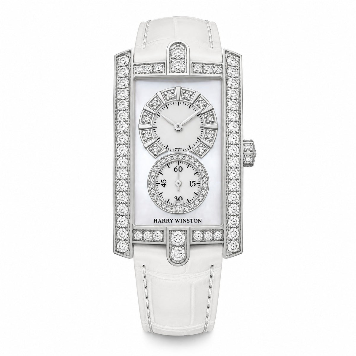 Harry Winston watch with a rectangular diamond-set silver tone case, pearlescent white dial, diamond-ringed time and seconds displays, and white leather strap.