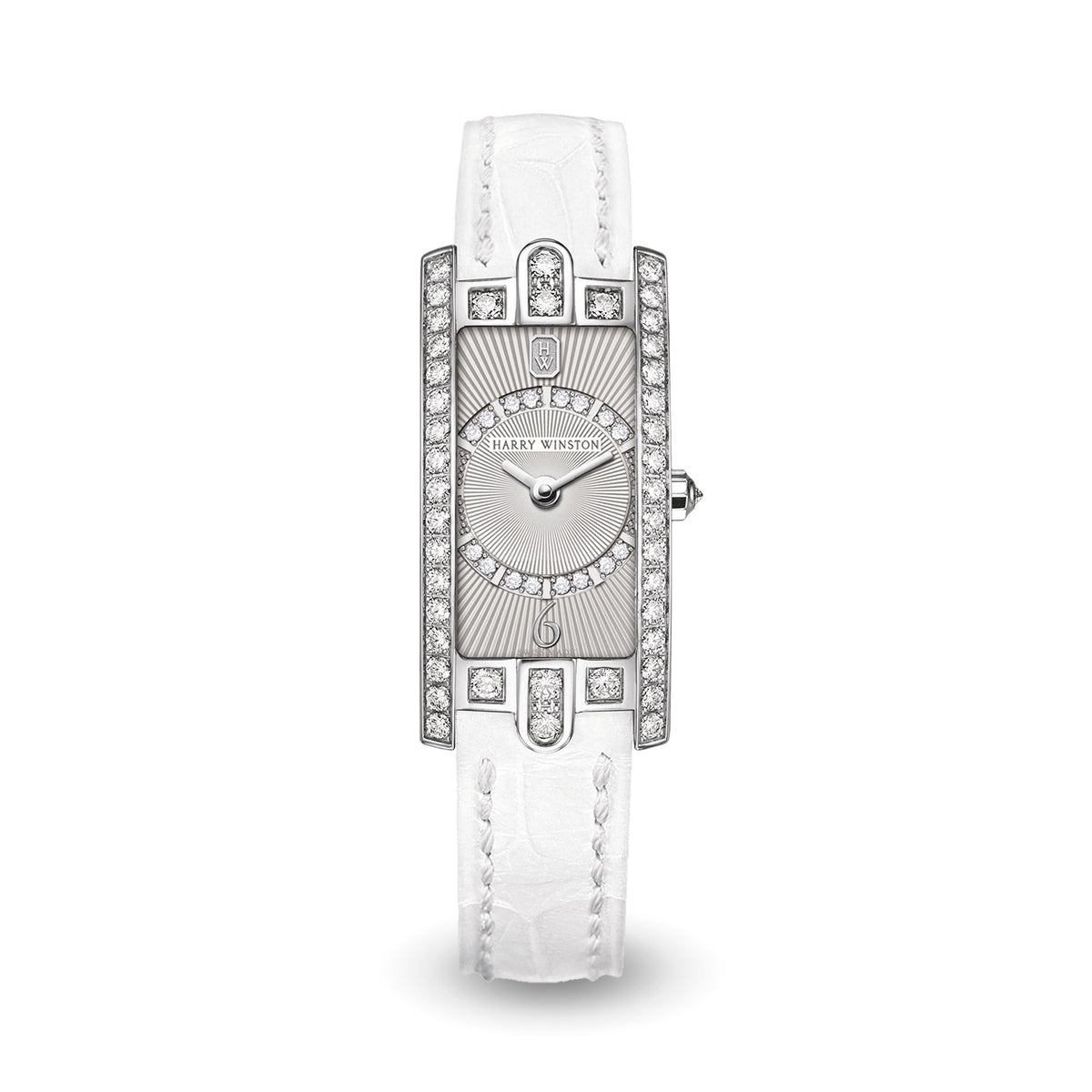 Harry Winston watch with a rectangular silver tone case, diamond-set bezel, patterned silver dial with diamond hour markers and white leather strap.